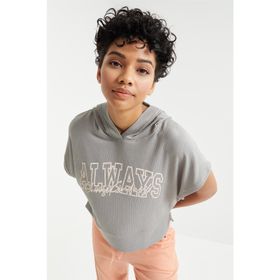 Tommy Life 97229 Yazı Baskılı Kapüşonlu Oversize Bürümcük Kumaş Gri Kadın Crop Top T-Shirt