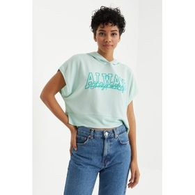 Tommy Life 97229 Yazı Baskılı Kapüşonlu Oversize Bürümcük Kumaş Su Yeşili Kadın Crop Top T-Shirt