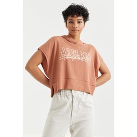 Tommy Life 97229 Yazı Baskılı Kapüşonlu Oversize Bürümcük Kumaş Tarçın Kadın Crop Top T-Shirt