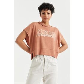 Tommy Life 97229 Yazı Baskılı Kapüşonlu Oversize Bürümcük Kumaş Tarçın Kadın Crop Top T-Shirt