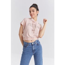 Tommy Life 97230 Kapüşonlu Yazı Baskılı Beli Lastikli Bürümcük Kumaş Somon Kadın Crop Top T-Shirt