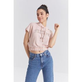 Tommy Life 97230 Kapüşonlu Yazı Baskılı Beli Lastikli Bürümcük Kumaş Somon Kadın Crop Top T-Shirt