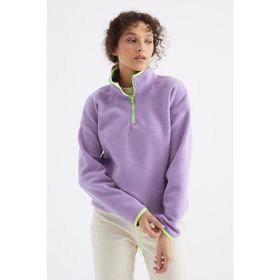 Tommy Life 97234 Açık Eflatun Yarım Fermuar Etek Ucu Büzgülü Dik Yaka Oversize Polar Kadın Sweatshirt