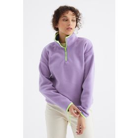 Tommy Life 97234 Açık Eflatun Yarım Fermuar Etek Ucu Büzgülü Dik Yaka Oversize Polar Kadın Sweatshirt