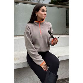 Tommy Life 97234 Koyu Bej Yarım Fermuar Etek Ucu Büzgülü Dik Yaka Oversize Kadın Polar Sweatshirt