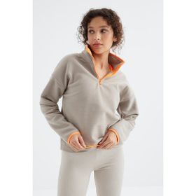 Tommy Life 97234 Koyu Bej Yarım Fermuar Etek Ucu Büzgülü Dik Yaka Oversize Kadın Polar Sweatshirt