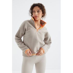 Tommy Life 97234 Koyu Bej Yarım Fermuar Etek Ucu Büzgülü Dik Yaka Oversize Kadın Polar Sweatshirt