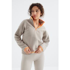 Tommy Life 97234 Koyu Bej Yarım Fermuar Etek Ucu Büzgülü Dik Yaka Oversize Kadın Polar Sweatshirt