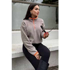 Tommy Life 97234 Koyu Bej Yarım Fermuar Etek Ucu Büzgülü Dik Yaka Oversize Kadın Polar Sweatshirt