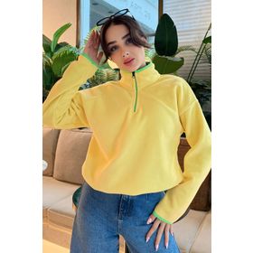 Tommy Life 97234 Limon Yarım Fermuar Etek Ucu Büzgülü Dik Yaka Oversize Kadın Polar Sweatshirt