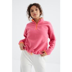 Tommy Life 97234 Şeker Pembe Yarım Fermuar Etek Ucu Büzgülü Dik Yaka Oversize Kadın Polar Sweatshirt
