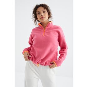 Tommy Life 97234 Şeker Pembe Yarım Fermuar Etek Ucu Büzgülü Dik Yaka Oversize Kadın Polar Sweatshirt