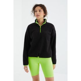 Tommy Life 97234 Siyah Yarım Fermuar Etek Ucu Büzgülü Dik Yaka Oversize Kadın Polar Sweatshirt