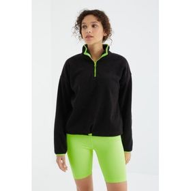 Tommy Life 97234 Siyah Yarım Fermuar Etek Ucu Büzgülü Dik Yaka Oversize Kadın Polar Sweatshirt