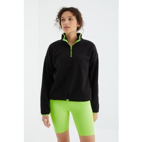 Tommy Life 97234 Siyah Yarım Fermuar Etek Ucu Büzgülü Dik Yaka Oversize Kadın Polar Sweatshirt