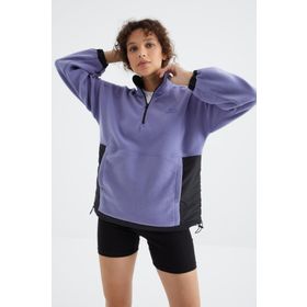 Tommy Life 97236 Açık Eflatun Yarım Fermuar Etek Ucu Büzgülü Dik Yaka Oversize Kadın Polar Sweatshirt