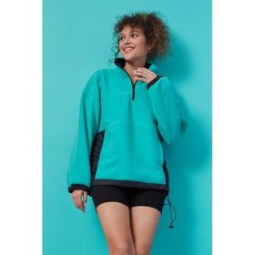 Tommy Life 97236 Deniz Yeşili Yarım Fermuar Etek Ucu Büzgülü Dik Yaka Oversize Kadın Polar Sweatshirt