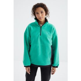 Tommy Life 97236 Deniz Yeşili Yarım Fermuar Etek Ucu Büzgülü Dik Yaka Oversize Kadın Polar Sweatshirt