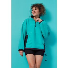 Tommy Life 97236 Deniz Yeşili Yarım Fermuar Etek Ucu Büzgülü Dik Yaka Oversize Kadın Polar Sweatshirt