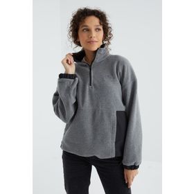 Tommy Life 97236 Gri Melanj Yarım Fermuar Etek Ucu Büzgülü Dik Yaka Oversize Kadın Polar Sweatshirt