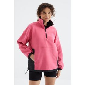 Tommy Life 97236 Şeker Pembe Yarım Fermuar Etek Ucu Büzgülü Dik Yaka Oversize Kadın Polar Sweatshirt