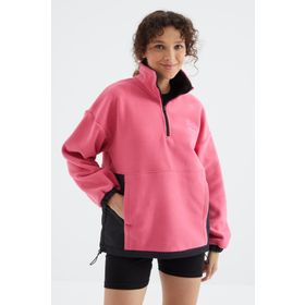 Tommy Life 97236 Şeker Pembe Yarım Fermuar Etek Ucu Büzgülü Dik Yaka Oversize Kadın Polar Sweatshirt
