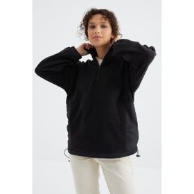 Tommy Life 97236 Siyah Yarım Fermuar Etek Ucu Büzgülü Dik Yaka Oversize Kadın Polar Sweatshirt