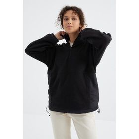 Tommy Life 97236 Siyah Yarım Fermuar Etek Ucu Büzgülü Dik Yaka Oversize Kadın Polar Sweatshirt