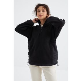 Tommy Life 97236 Siyah Yarım Fermuar Etek Ucu Büzgülü Dik Yaka Oversize Kadın Polar Sweatshirt