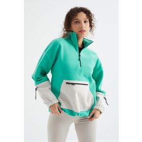 Tommy Life 97238 Deniz Yeşili Etek Ucu Büzgülü Yarım Fermuar Kanguru Cepli Oversize Kadın Sweatshirt