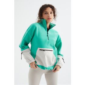 Tommy Life 97238 Deniz Yeşili Etek Ucu Büzgülü Yarım Fermuar Kanguru Cepli Oversize Kadın Sweatshirt