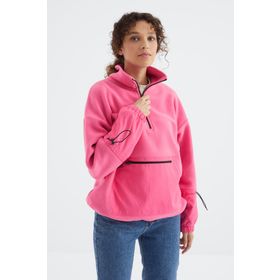 Tommy Life 97238 Şeker Pembe Etek Ucu Büzgülü Yarım Fermuar Kanguru Cepli Oversize Kadın Sweatshirt