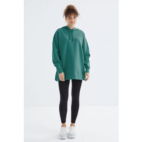 Tommy Life 97242 Kadın Deniz Yeşili Reglan Kol Renk Detaylı Basıc Kapüşonlu Oversize Tunik