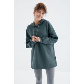 Tommy Life 97242 Kadın Orman Yeşili Reglan Kol Basic Kapüşonlu Oversize Tunik