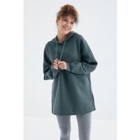 Tommy Life 97242 Kadın Orman Yeşili Reglan Kol Basic Kapüşonlu Oversize Tunik