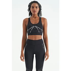 Tommy Life 97252 Siyah Ön Arka Baskı Detaylı U Yaka Dar Kalıp Kadın Spor Büstiyer
