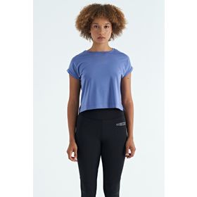 Tommy Life 97262 Eflatun Logo Baskılı O Yaka Düşük Kol Oversize Kadın Crop T-Shirt