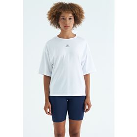 Tommy Life 97263 Beyaz O Yaka Baskı Detaylı Oversize Kısa Kol Kadın T-Shirt