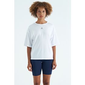 Tommy Life 97263 Beyaz O Yaka Baskı Detaylı Oversize Kısa Kol Kadın T-Shirt