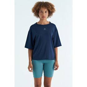 Tommy Life 97263 Indigo O Yaka Baskı Detaylı Oversize Kısa Kol Kadın T-Shirt