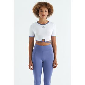 Tommy Life 97266 Beyaz Bel Bağlama Detaylı O Yaka Standart Kalıp Dalgıç Kumaş Kadın Crop T-Shirt