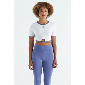 Tommy Life 97266 Beyaz Bel Bağlama Detaylı O Yaka Standart Kalıp Dalgıç Kumaş Kadın Crop T-Shirt