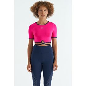 Tommy Life 97266 Fuşya Bel Bağlama Detaylı O Yaka Standart Kalıp Dalgıç Kumaş Kadın Crop T-Shirt