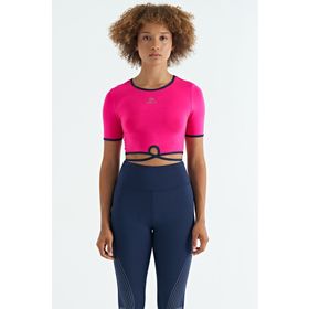 Tommy Life 97266 Fuşya Bel Bağlama Detaylı O Yaka Standart Kalıp Dalgıç Kumaş Kadın Crop T-Shirt