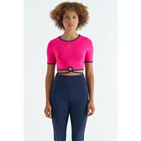 Tommy Life 97266 Fuşya Bel Bağlama Detaylı O Yaka Standart Kalıp Dalgıç Kumaş Kadın Crop T-Shirt
