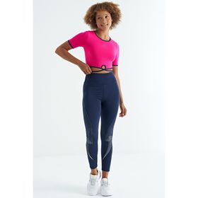 Tommy Life 97266 Fuşya Bel Bağlama Detaylı O Yaka Standart Kalıp Dalgıç Kumaş Kadın Crop T-Shirt