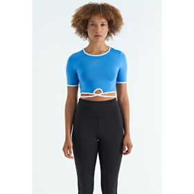 Tommy Life 97266 Saks Bel Bağlama Detaylı O Yaka Standart Kalıp Dalgıç Kumaş Kadın Crop T-Shirt