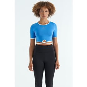 Tommy Life 97266 Saks Bel Bağlama Detaylı O Yaka Standart Kalıp Dalgıç Kumaş Kadın Crop T-Shirt