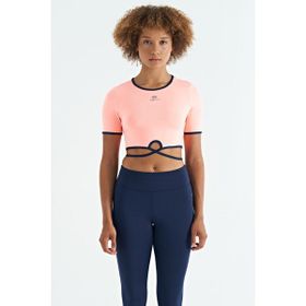 Tommy Life 97266 Yavruagzı Bel Bağlama Detaylı O Yaka Standart Kalıp Dalgıç Kumaş Kadın Crop T-Shirt