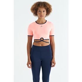 Tommy Life 97266 Yavruagzı Bel Bağlama Detaylı O Yaka Standart Kalıp Dalgıç Kumaş Kadın Crop T-Shirt